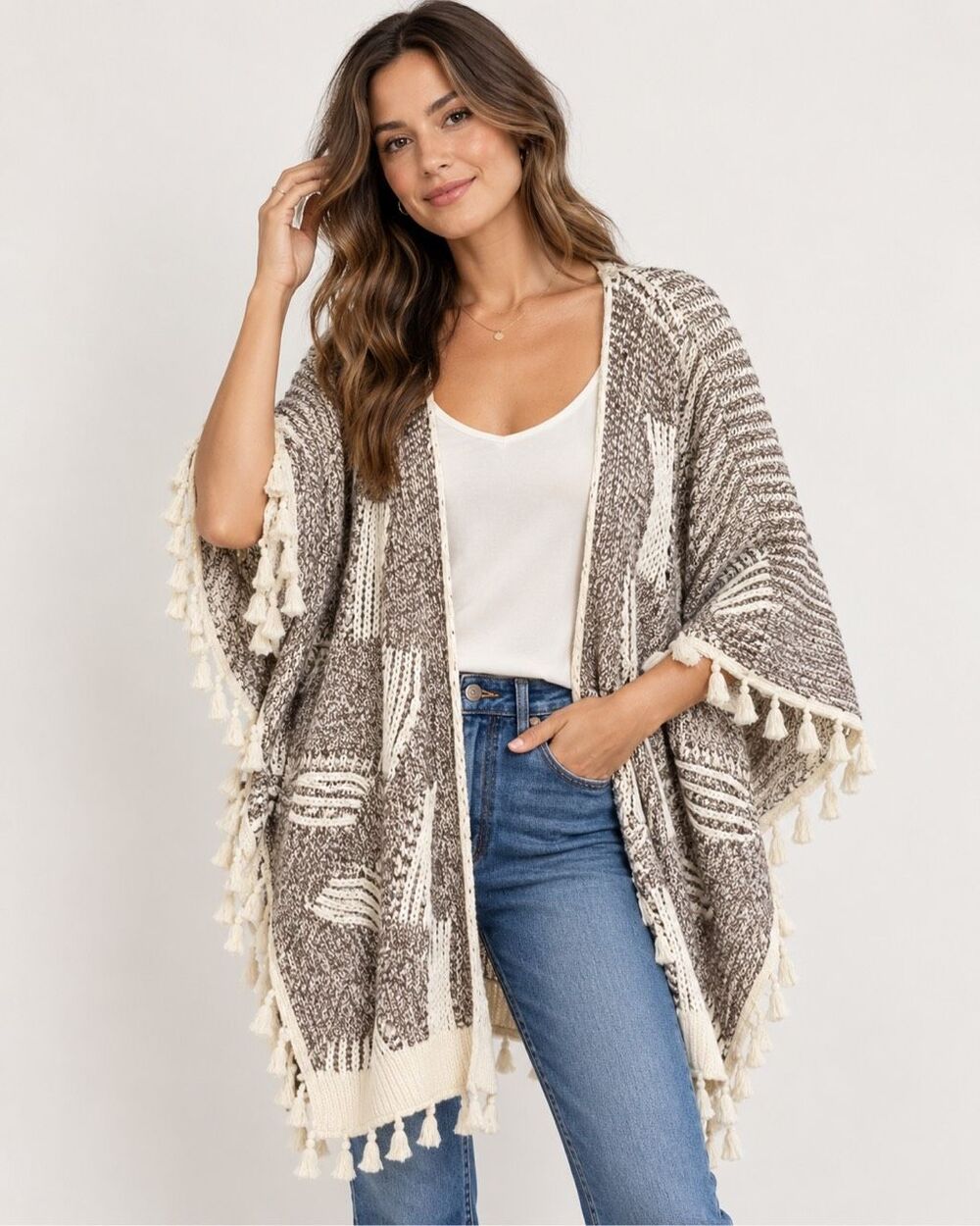 Anthropologie Eliana Kimono Poncho Sweater Brown Cream Tassel Fringe Boho OS